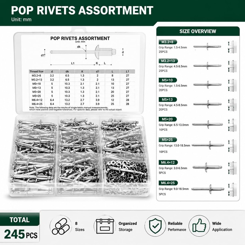 245PCS Aluminum Blind Rivets Assortment Kit, 8 Sizes M3.2-M6.4