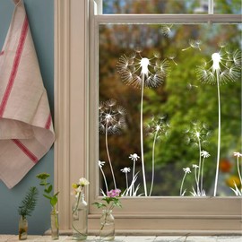 funlife Transparent Floral Window Sticker Watercolour Window Clings Stained Glass Window Film, Static Cling Home Glass Covering Decor, White Sketch Dandelion