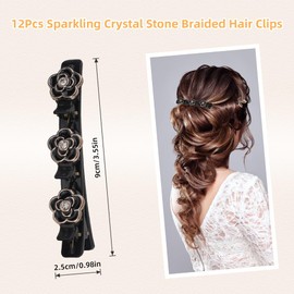 FHUIEWRY 12 PCS Sparkling Crystal Stone Braided Hair Clips, Rhinestone Hair Clip Hair Accessories Duckbill Clips, 3 Small Hair Barrettes Braided Hair Clips for Women