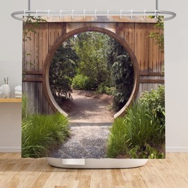 SDOTPMT 72x72inch Nature Garden Scenery Shower Curtain Round Wooden Door Farmhouse Vintage Bath Curtain Green Botany Leaves Bathtub Curtain for Bathroom Decor Fabric Polyester with Hooks