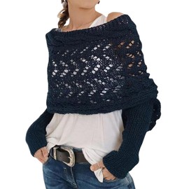 Scarf with Sleeves for Women, Knitted Cable Wrap, Multifunctional Knitted Crochet Shrugs, Double Sleeve Scarf Wrap Navy Blue
