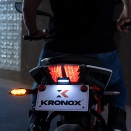 Kronox Motorcycle License Plate Bracket - Universal Fender Eliminator Kit includes Plate Holder LED Light, and reflective bolts.
