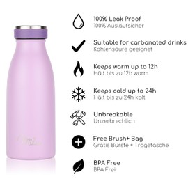 Milu Stainless Steel Drinking Bottle 350 ml, 500 ml, 750 ml, 1 L, 1.5 L - Thermos Flask for Children Adults Leak-Proof Insulated Flask Suitable for Carbonated Drinks - Includes Cleaning Brush (Lilac