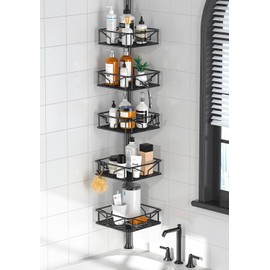 Skycarper 5 Tier Adjustable Corner Shower Caddy Organizer with Hooks,Rustproof Tension Pole 62-116 Inch,White