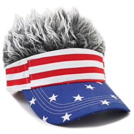 WULIQIUQIU Mens Visor Cap with Fake Hair Novelty Golf Hats Wig Hat Spiked Adjustable Baseball Cap American Flag Grey Hair