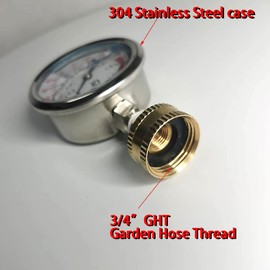 YZM Stainless Steel 304 Liquid Filled Water Pressure Test Gauge ,0-220psi, 2-1/2" Dial Display,Oil Gauge.Female 3/4" GHT Garden Hose Thread.