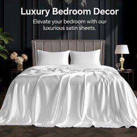 BEDELITE Satin Sheets Queen Size Bed Set, Luxury Soft White Silky Sheets for Hair and Skin, Similar to Silk Bed Sheets Set 4 Pieces （1 Deep Pocket Fitted Sheet, 1 Flat Sheet, and 2 Pillowcases）