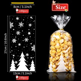 MELLIEX Pack of 100 Snowflake Christmas Cookie Bags, Transparent Cellophane Bags, Christmas Candy Bags, Candy Bar Bags with Twist Ties