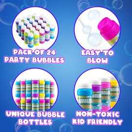 Party Bubbles for Kids - (Bulk Pack of 24) 2-oz Bubbles Bulk Solution with Bubble Wands Assorted Neon Colors for Outdoor Toys Summer Games, Birthday Party Favors, & Goodie Bags Stuffers