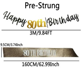 Rose Gold 80th Birthday Sash & Happy 80th Birthday Banner Set - NO DIY Instant Decor for Women/Men, Party Backdrop, Photo Props, Reusable 80th Birthday Decorations