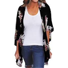 FINOCEANS Women's Kimono Cardigans Loose Beach Cover Up V Neck Half Sleeve Black Floral Medium