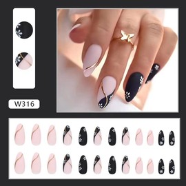 French Almond Press on Nails Spring Summer Fresh Cute Flowers Gold Stripe Wave Design Black Fake Nails Frosted Glued Full Coverage False Nails Women Girls