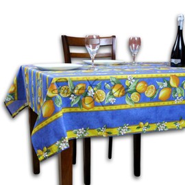 La Cigale Citron Wipeable Tablecloth Spill Resistant Acryllic Coated, Floral Cotton French Provencal Tablecloth for Tables, for Indoor and Outdoors, Blue, 60 x 136 in