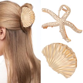 Kifmurase Starfish Hair Claw Clips Seashell Clip Hair Accessories, Beach Seashell Hairpin Gold Metal Clip Large Claw Clips Summer Sea Shell Hairpins for Women and Girls (Gold Pack of 2)