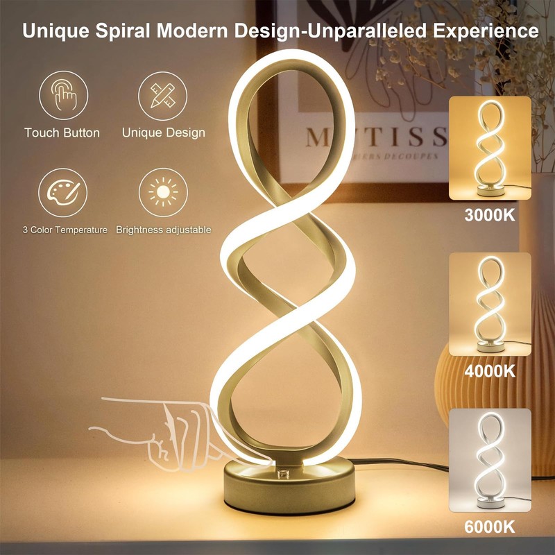 Modern Spiral Table Lamp, Bedside Lamp with Dimmable Metallic Bedside