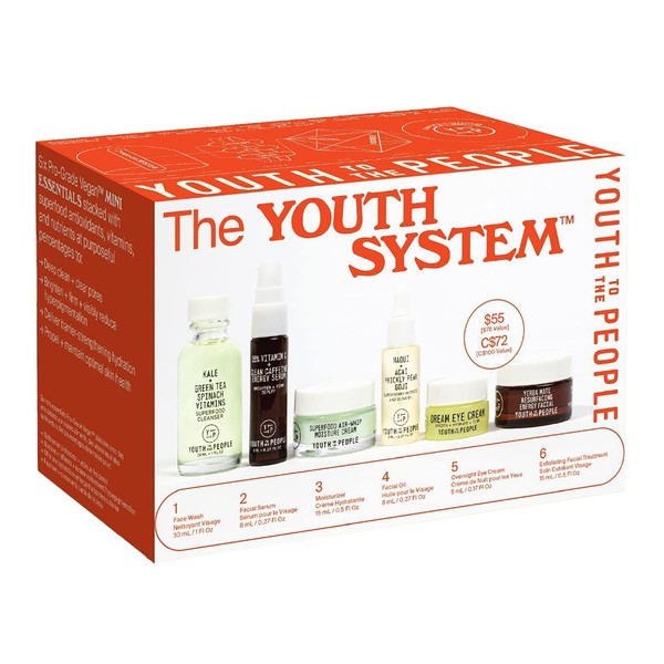 Youth To The People The Youth System - 6 Piece Set with Superfood Cleanser, Face Oil, Moisturizer, Vitamin C Serum, Eye Cream, Energy Facial - Vegan, Clean Skincare Kit