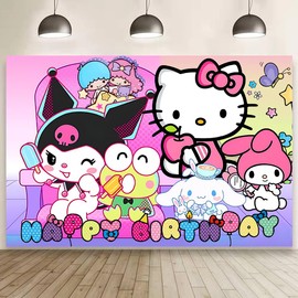 Kawaii And Friends Birthday Decorations Happy Birthday Banner Backdrop for Kids Birthday Party Supplies (5x3ft)