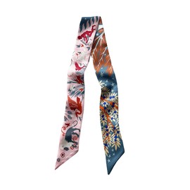JERLA 100% Mulberry silk Scarf Head Hair Ribbon Bag scarf Handbag Handle wrap Tie Bundle Neckerchief Scarf for women (Jungle blue and pink)