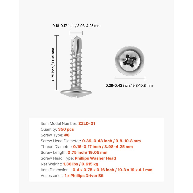 VEVOR #8 Self Drilling Wood Screws, 3/4 Inch Long 350
