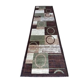 Modern Long Runner Area Rug Brown Beige & Green Design 1497 (32 Inch X10 Feet)
