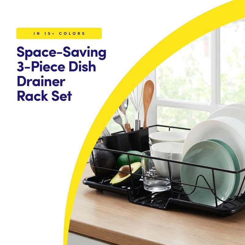 Space-Saving 3-Piece Dish Drainer Rack Set with Cutlery Holder -