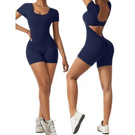 OEAK Short Sleeve Jumpsuit Workout for Women Square Neck One Piece Backless Tummy Control Bodycon Scrunch Butt Yoga Rompers(Blue,S)
