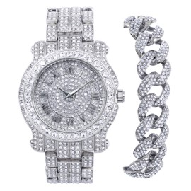 Techno Pave Men's 45mm Iced Out Diamond Watch with Roman Dial - Simulated Crystals - Bling-ed Out Adjustable Metal Band - 14k Gold or Silver Color - Watch, Bracelet Set, or Chain & Bracelet Set, SILVER W/ LARGE CUBAN, mens-standard, Classic
