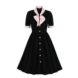 Vintage Women 1940s Bow Tie Neck Dress Retro 40s 50s Button Up Business Work A-line Cocktail Dresses Black S