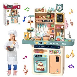 FHZLAJ Cocina de Juguete para Niños 87Pzs Juguete Educativo Cocina para Niñas Juego Cocina de Simulación con Luz Sonido Fregadero Agua Corriente, Jueg