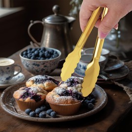 4 Pack Gold Tongs for Serving Food, 9 Inch Serving Tongs, Gold Buffet Tong Stainless Steel Utensils, Metal Kitchen Tong for Salad, Steak, Appetizer, Small Food