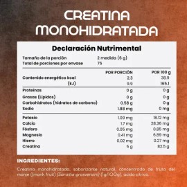 Coura - Creatina Monohidratada 450 G - 75 Porciones De 6 G - Con Magnesio, Potasio, Calcio, Hierro Y Fósforo - Apoyo A Fuerza, Rendimiento Y Recuperación - Sin Azúcar - Sabor Mandarina