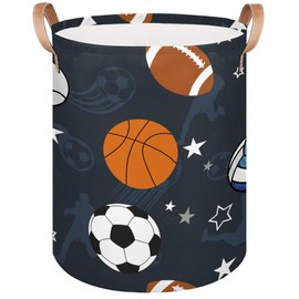 Large Laundry Basket Collapsible Tall Laundry Hamper Blue Cute Sport Baseball Soccer Football Round Storage Bin Storage Baskets for Kids Boys Girls Toys Clothes Hamper Laundry Bag Organizer, 70L