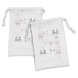 Lunarable Kitten Fabric Pouch Set of 2, Many Faced Bunch of Happy Sad Sleepy Sassy Cat Caricature Theme, Small Drawstring Bag for Toiletries Masks and Favors, 9" x 6", White Pale Pink