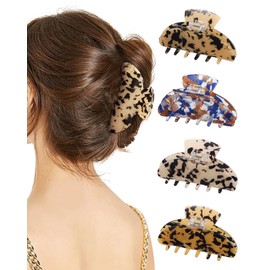 Ufgin 4 PCS Acrylic Hair Claw Clips for Women - Large Strong Hold Claw Clips Cute Non-slip Hair Clips for Thick Thin Hair (Leopard)