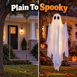 Hanging Swing Ghost Halloween Decoration with String Lights – Cute White Spooky Ghost Ornament for Porch, Yard, Garden and Trees