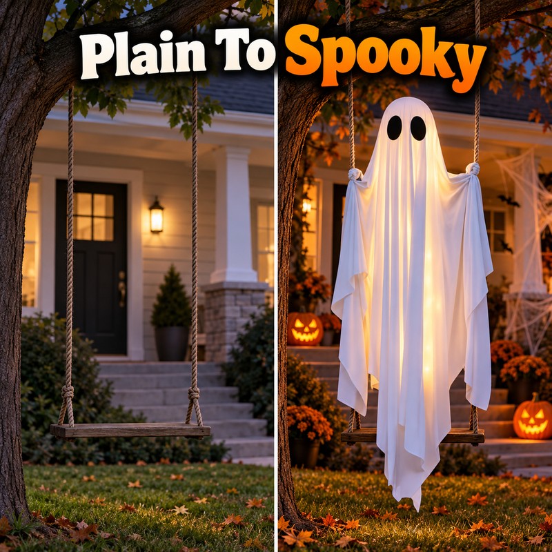 Hanging Swing Ghost Halloween Decoration with String Lights – Cute