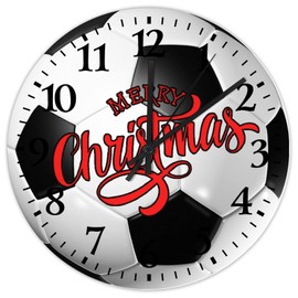 Merry Christmas Soccer Ball Clock Wooden 15 Inch, Soccer Players Modern Clock Non Ticking Round Arabic Numbers Clock for Bedroom Living Room Home Decor