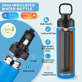 Insulated water bottle with Lid,24oz Stainless Steel Water Bottle for Boys,Girls,Double Wall Vacuum Wide Mouth Thermal Water Bottle for School,Travel,BPA-free and Leak-proof（24oz,Black）