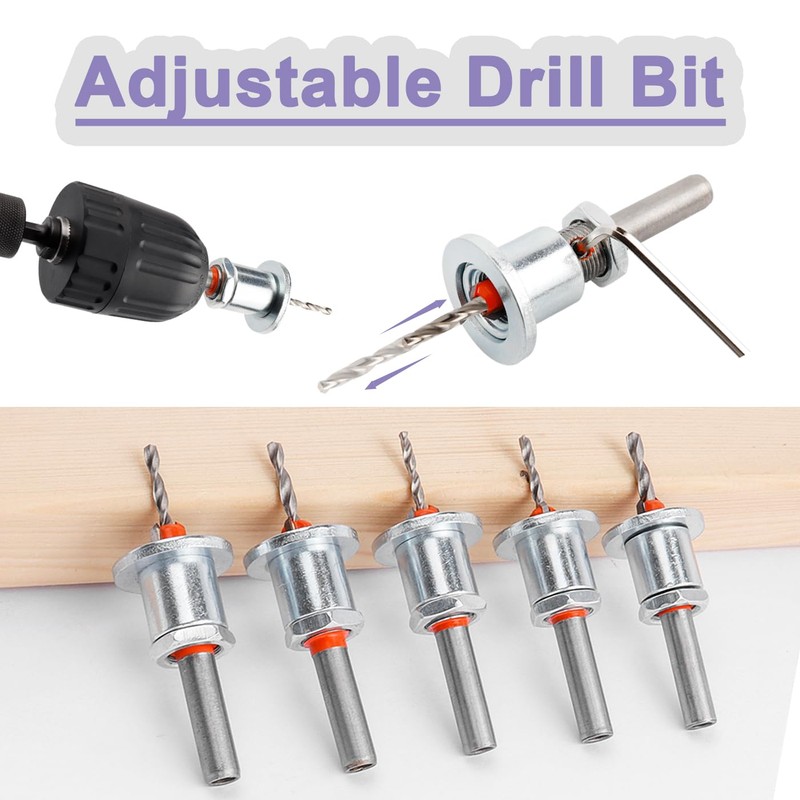 Treki 5Pcs Countersink Drill Bit Kit, 8mm Round Shank Adjustable