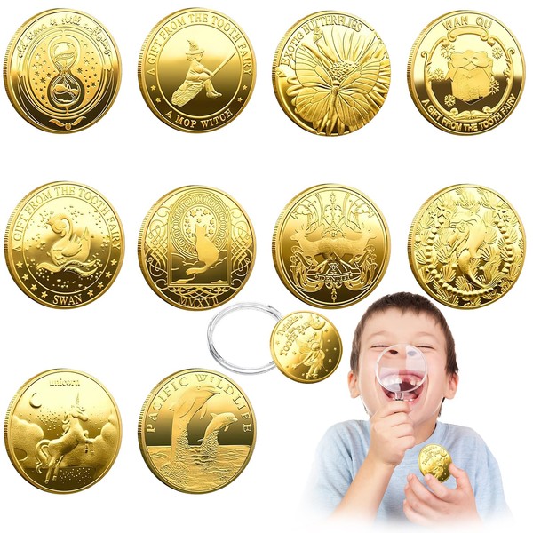 RosyFate Tooth Fairy Coins, Pack of 10 Tooth Fairy Gold Thaler with Various Patterns, Tooth Fairy Gifts Girls Boys Memorial Coin, Lost Tooth Children's Gifts Souvenir