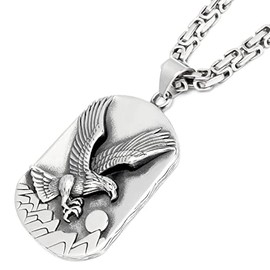 Schmuck-Checker XL Eagle Dog Tag with Byzantine Chain Made of 316L Stainless Steel Bird Mountains Sun Large Plaque Polished Silver Men's Gift Necklace, Stainless Steel