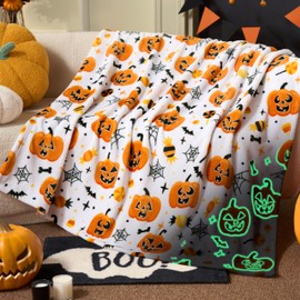 Joiedomi Glow in The Dark Blanket - Pumpkin White Gifts Toys for Girls Age 2 3 4 5 6 7 8 9 10 11 12 Year Old - Soft Cozy Flannel Kids Throw Blanket, Birthday Bedroom Decor 50"×60"