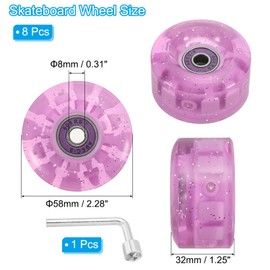 PATIKIL Roller Skate Wheels Set,8 Pack 58mm 82A Light Up Skateboard Cruiser Wheels Set with Bearings Trucks Tool Kit for Outdoor Double Row Skating, Purple