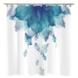 Floral Fabric Shower Curtain, Teal Blue Watercolor Shower Curtain for Bathroom Modern Decor Tapestry