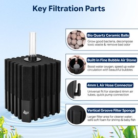 AQQA Aquarium Sponge Filter with Quartz Bio Media, Whisper Quiet Air-Driven