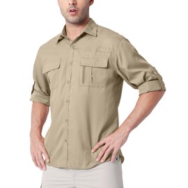 Men's Long Sleeve Sun Protection Shirts UPF 50+ UV Button Down Quick Fast Dry Cooling Fishing Breathable for Travel Safari Camping Hiking (US, Alpha, Small, 16.5, Regular, Regular, Khaki)