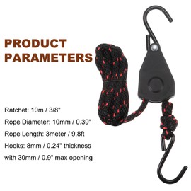 uxcell 3/8" (10mm) Ratchet Rope Hanger with Metal Gears 9.8ft (3meter) Ratchet Tie Down Strap, Ratcheting Pulley System Bungee Cord for Hanging Plants Grow Light and Various Tie-Down