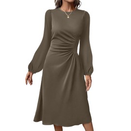 Happy Sailed Formal Dresses for Women Elegant Fall Winter Long Sleeve Ruched Waist A Line High Low Flowy Midi Cocktail Party Dress for Wedding Guest Light Brown X-Large