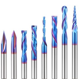 HQMaster 8 Pcs CNC Router Bits Set 1/4” Shank Tungsten Carbide Multiple Uses Router Bit End Mill for Woodworking Detail Carving Trimming V Groove Engraving Sign Making Grooving Slots and Mortises