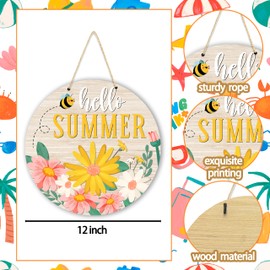 Kqfdr Summer Decorations for Home, Daisy Summer Wreaths for Front Door Wall Decor, 12 In Round Wooden Hanger for Pool Farmhouse Porch - A04